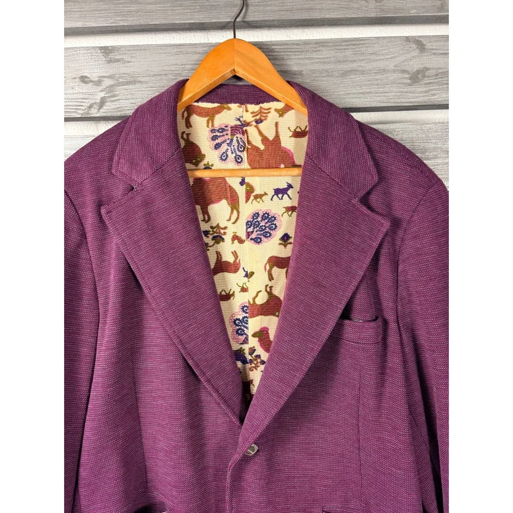 Vintage 70s Handmade Purple Knit Blazer Animal Print Leisure Suit Disco Mens 44